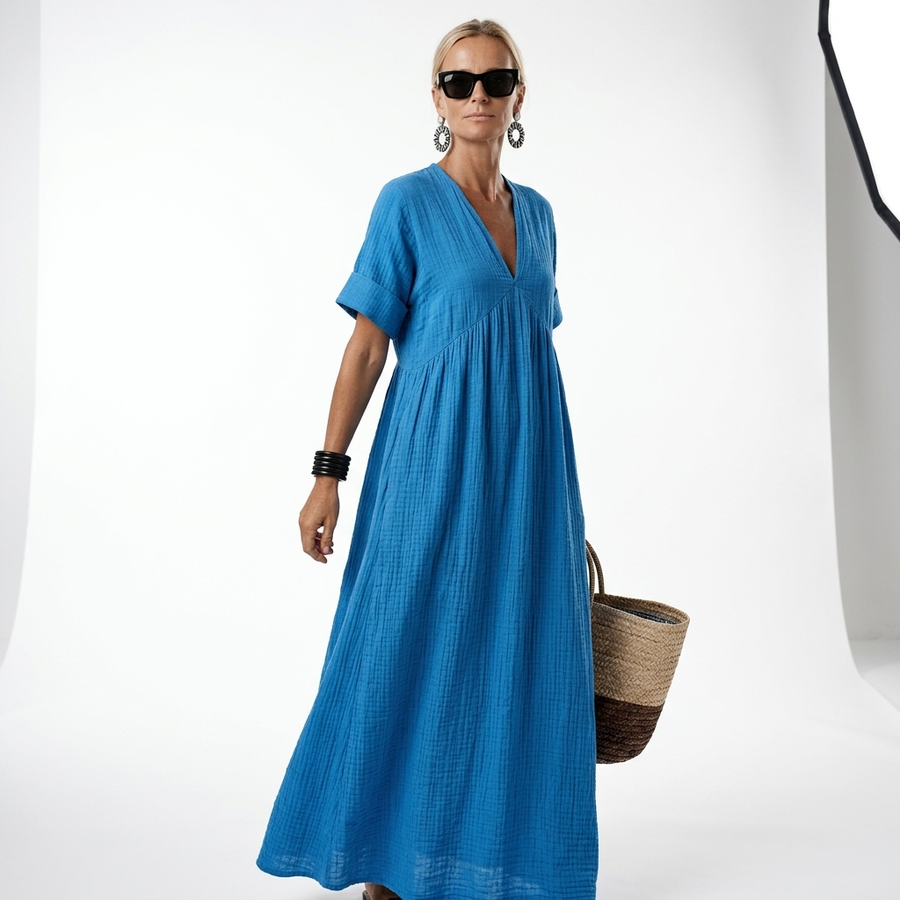 Azurine™ — Robe maxi méditerranéenne fluide vibrante